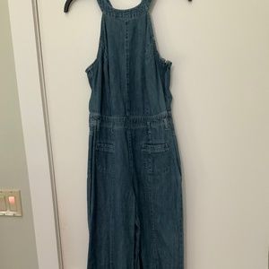 ANTHROPOLOGIE denim halter jumpsuit.